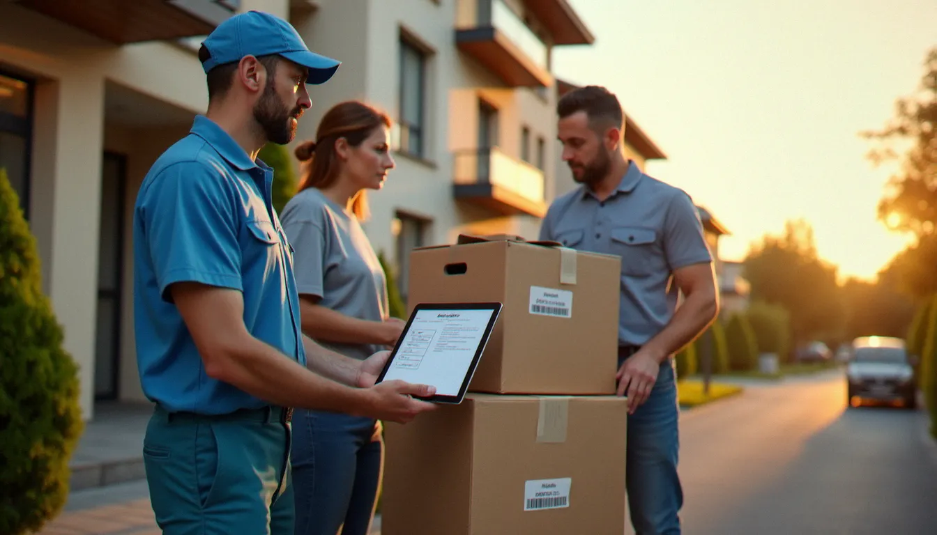 Deux techniciens de services à domicile coordonnant une intervention modulaire à l'extérieur d'un immeuble résidentiel avec tablette de suivi et cartons étiquetés