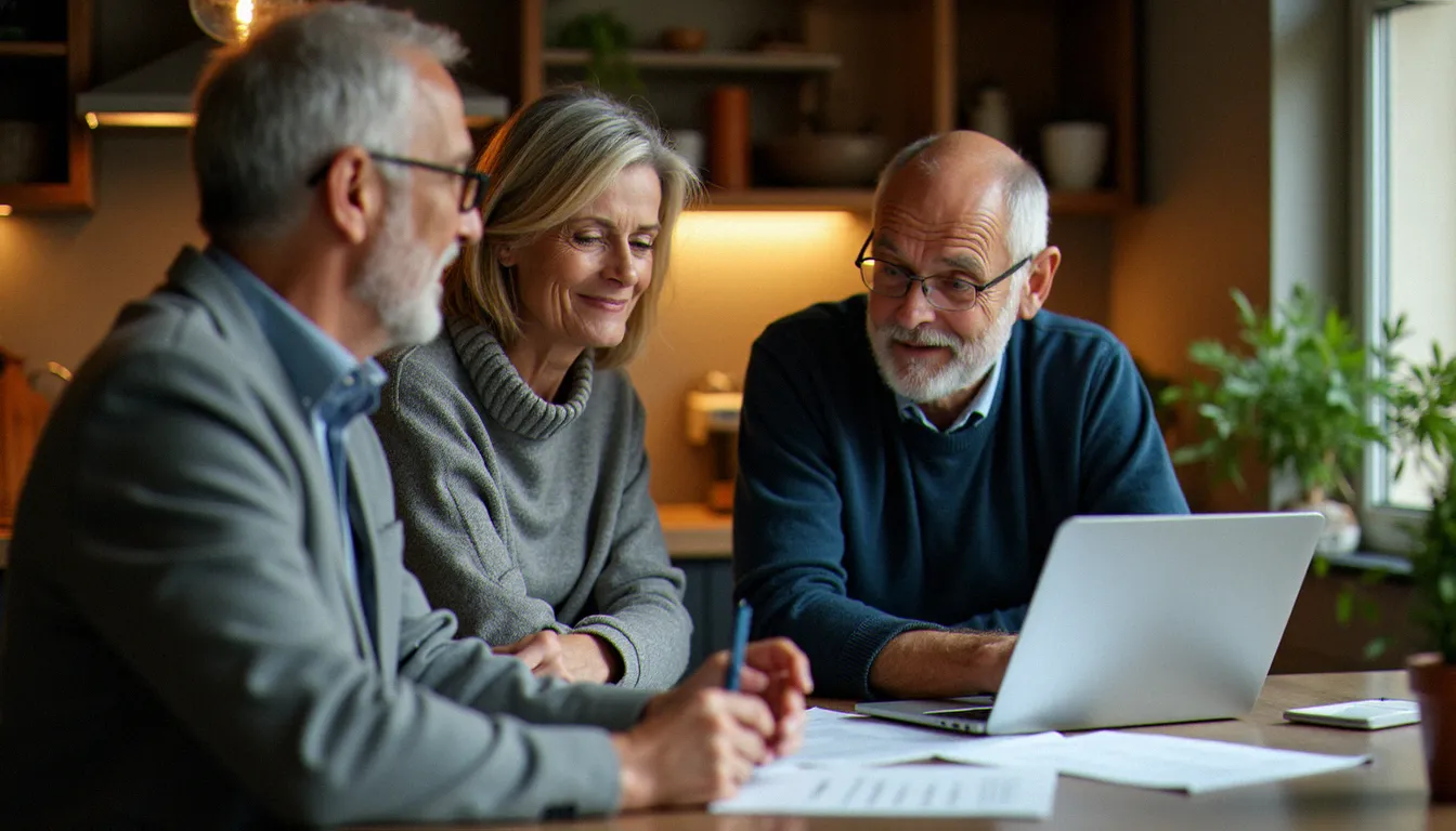 Couple de clients discutant de leur formule care guide services avec un conseiller habitat autour d'un rapport mensuel d'entretien