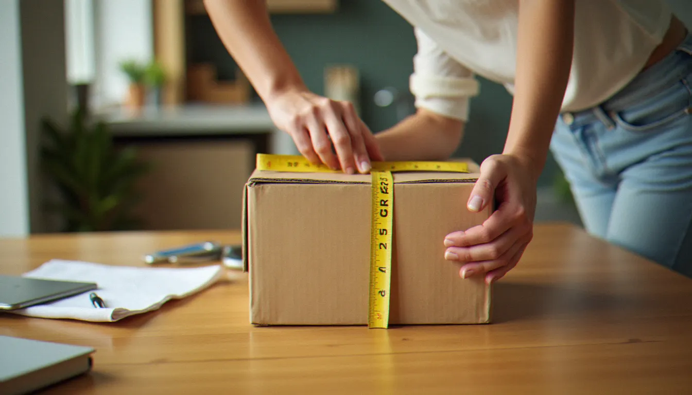 Une personne mesurant les dimensions d'un carton de déménagement standard moyen avec un mètre ruban, illustrant le choix des bonnes dimensions
