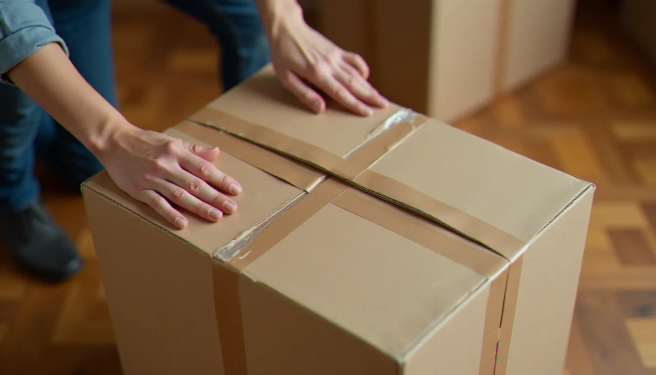 Mains en train de renforcer le fond d'un carton de déménagement avec du scotch en croix, montrant la bonne technique de remplissage et fermeture des cartons standard