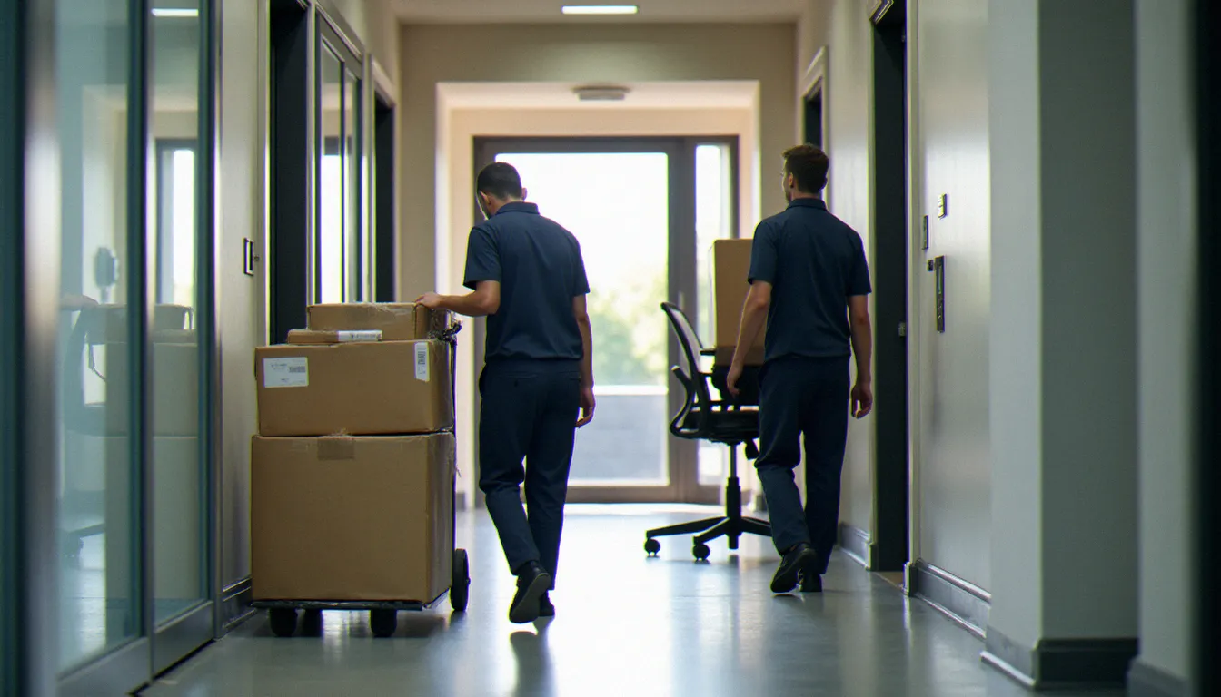 Déménageurs professionnels transportant le matériel d'un organisme de formation lors d'un déménagement de bureaux, équipements pédagogiques emballés et protégés