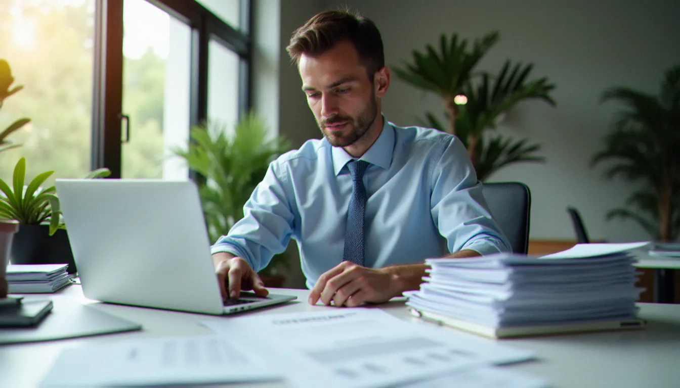 Dirigeant d'organisme de formation réalisant les démarches administratives liées au changement d'adresse, documents officiels et ordinateur sur le bureau