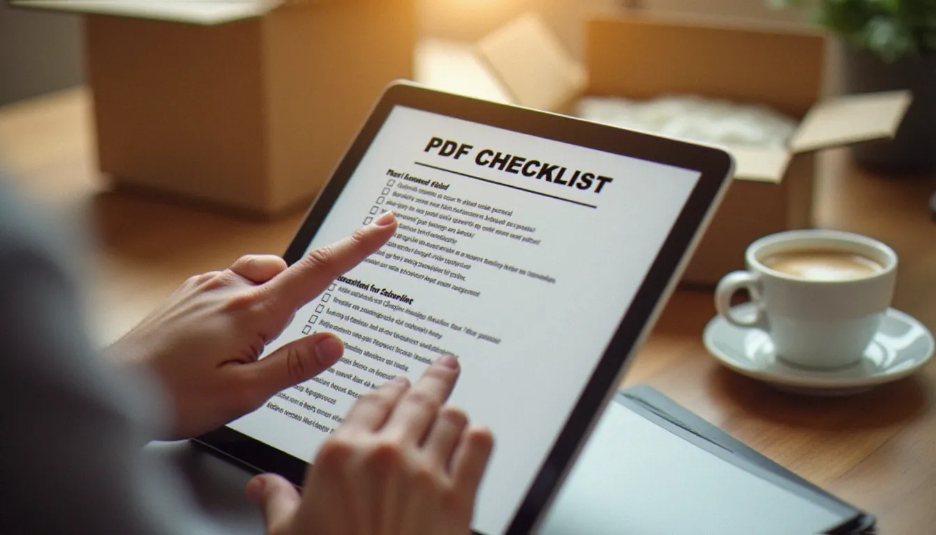 Mains tenant une tablette affichant une check-list déménagement PDF numérique avec des cases à cocher, cartons de déménagement visibles en arrière-plan flou