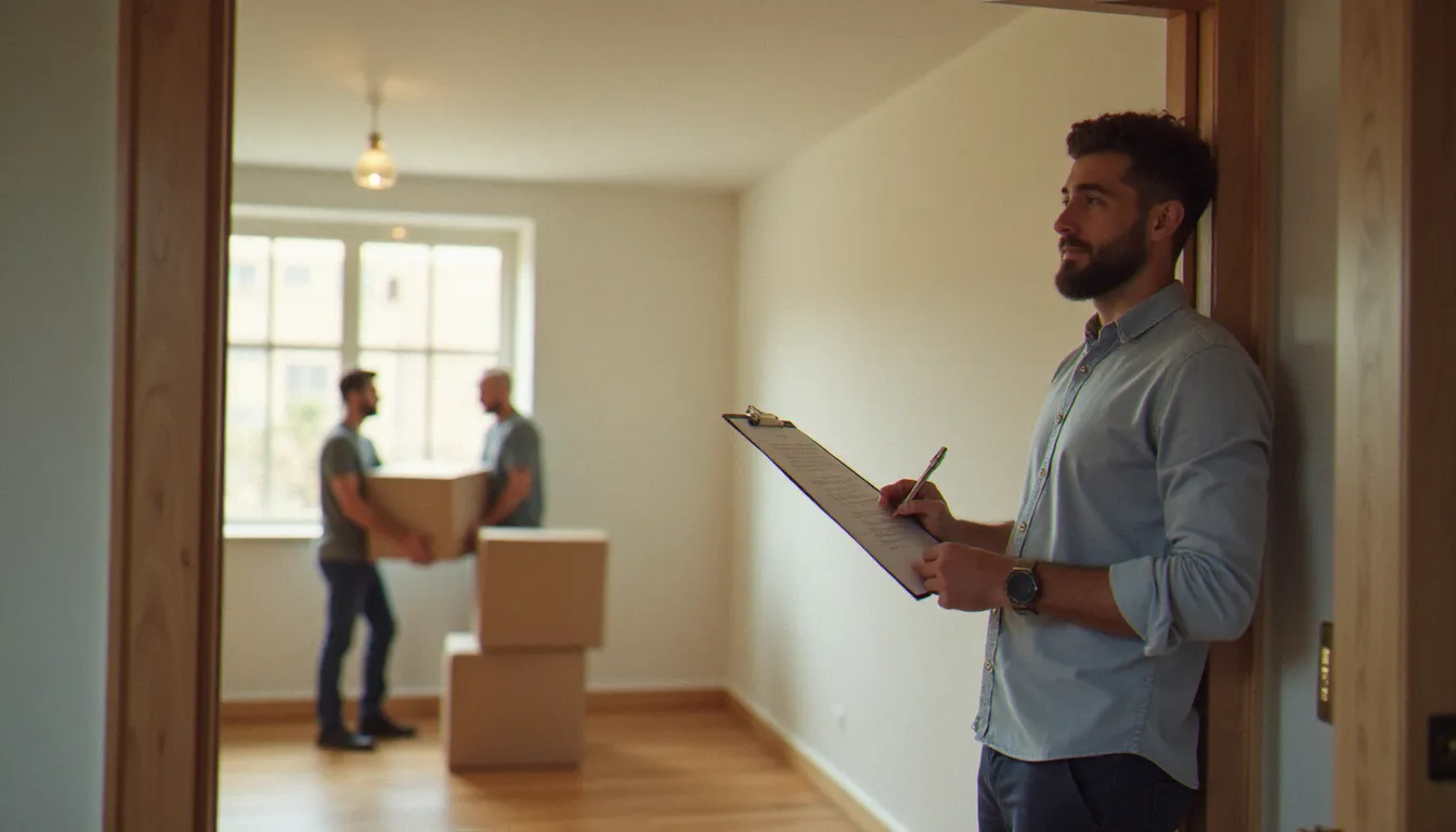 Conseiller habitat professionnel avec une check-list et des clés devant un appartement vide lors d'un état des lieux de déménagement, déménageurs visibles en arrière-plan