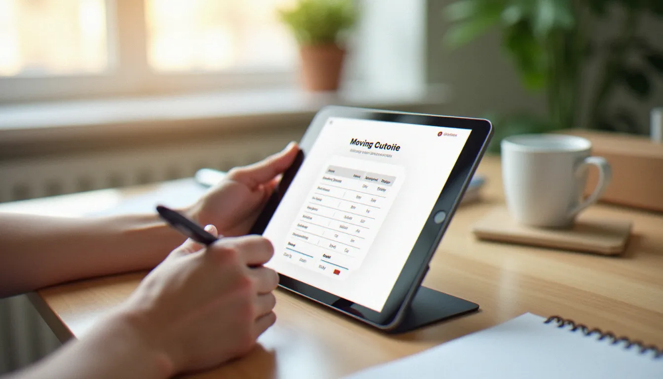 Mains remplissant avec attention un formulaire de devis déménagement gratuit en ligne sur une tablette numérique posée sur un bureau épuré