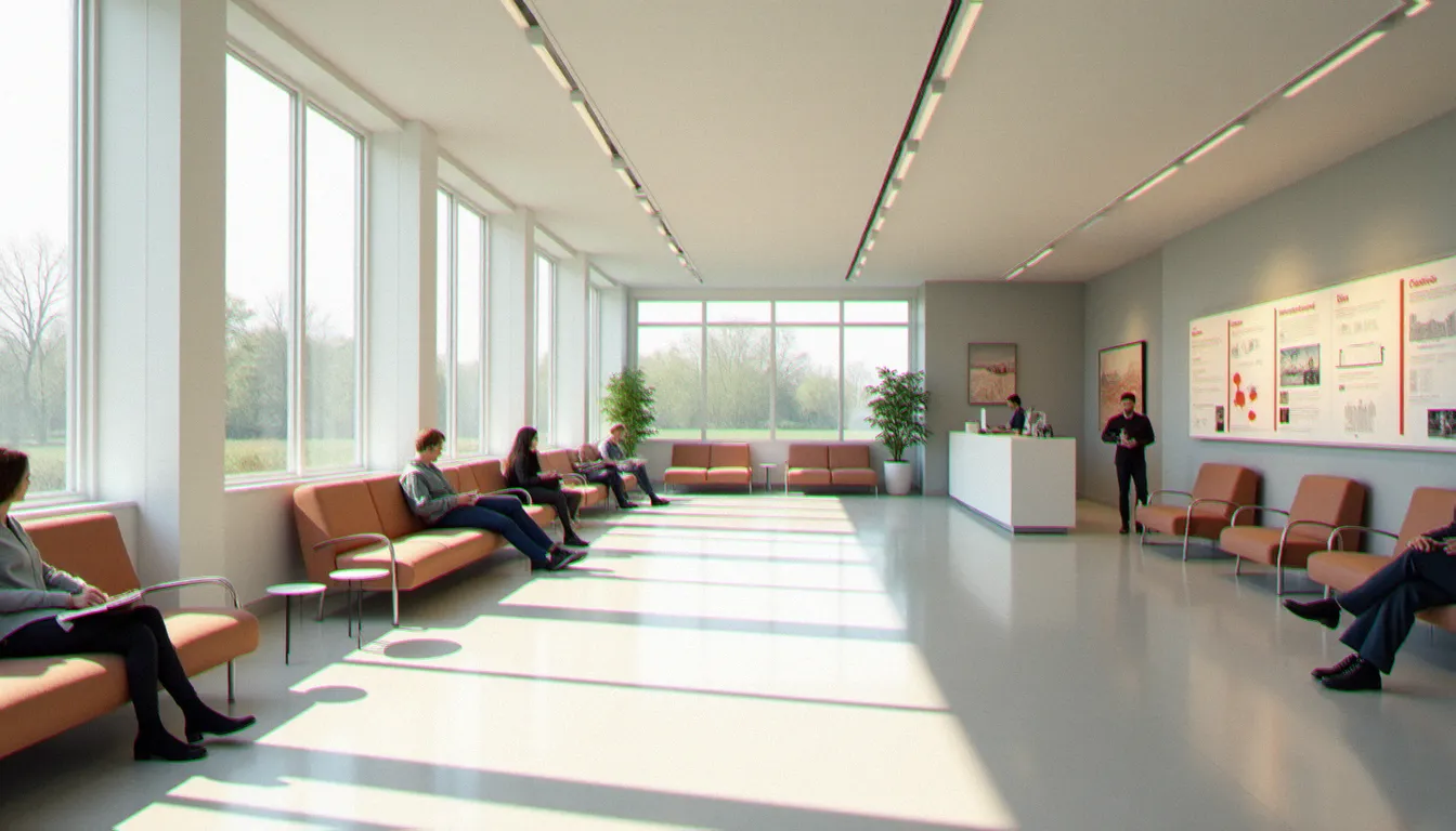 Salle d'accueil d'un point France Services en zone rurale dans l'Allier avec des usagers attendant leur tour dans un espace moderne et lumineux