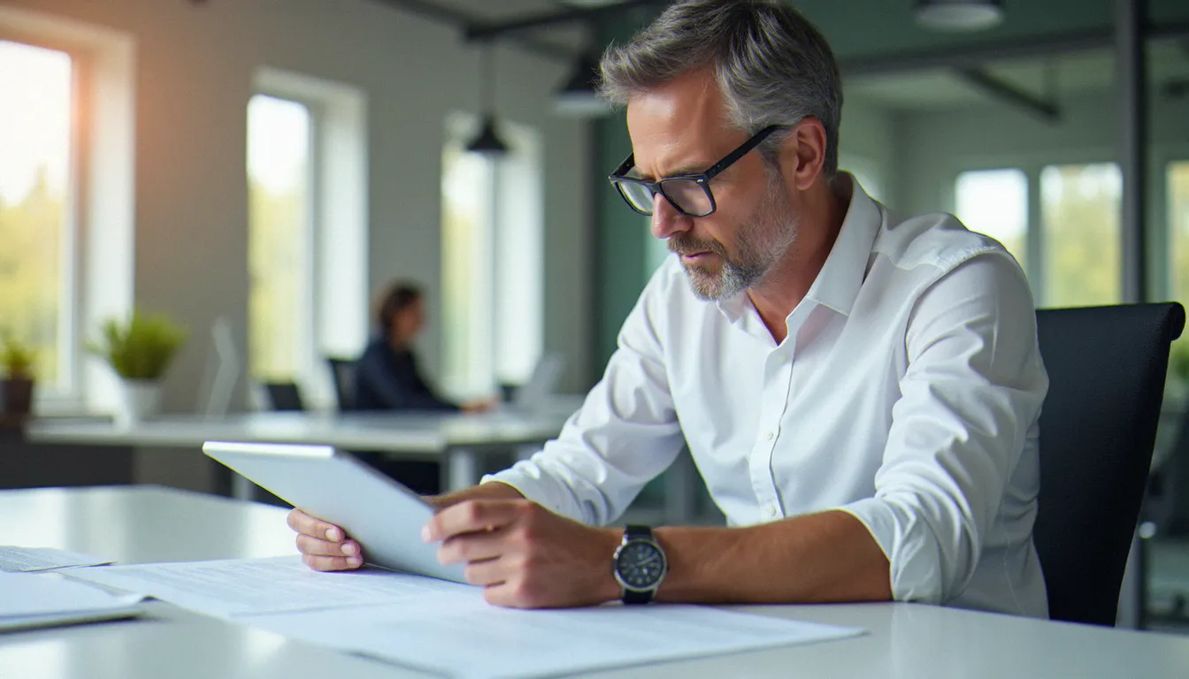 Homme actif consultant ses documents administratifs dans un espace de services publics à Toulouse