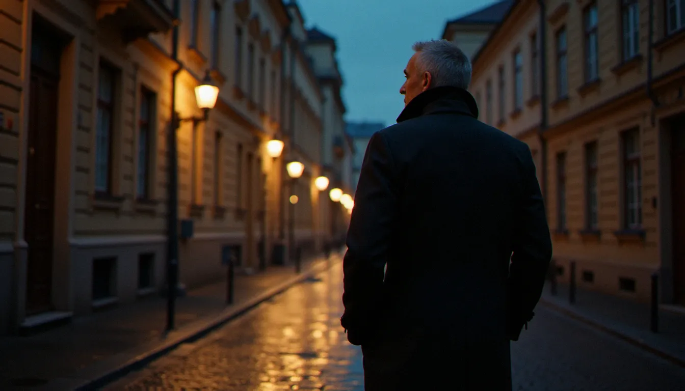 Agent de renseignement en opération de surveillance dans une rue européenne nocturne, illustrant le travail de terrain des grandes agences mondiales