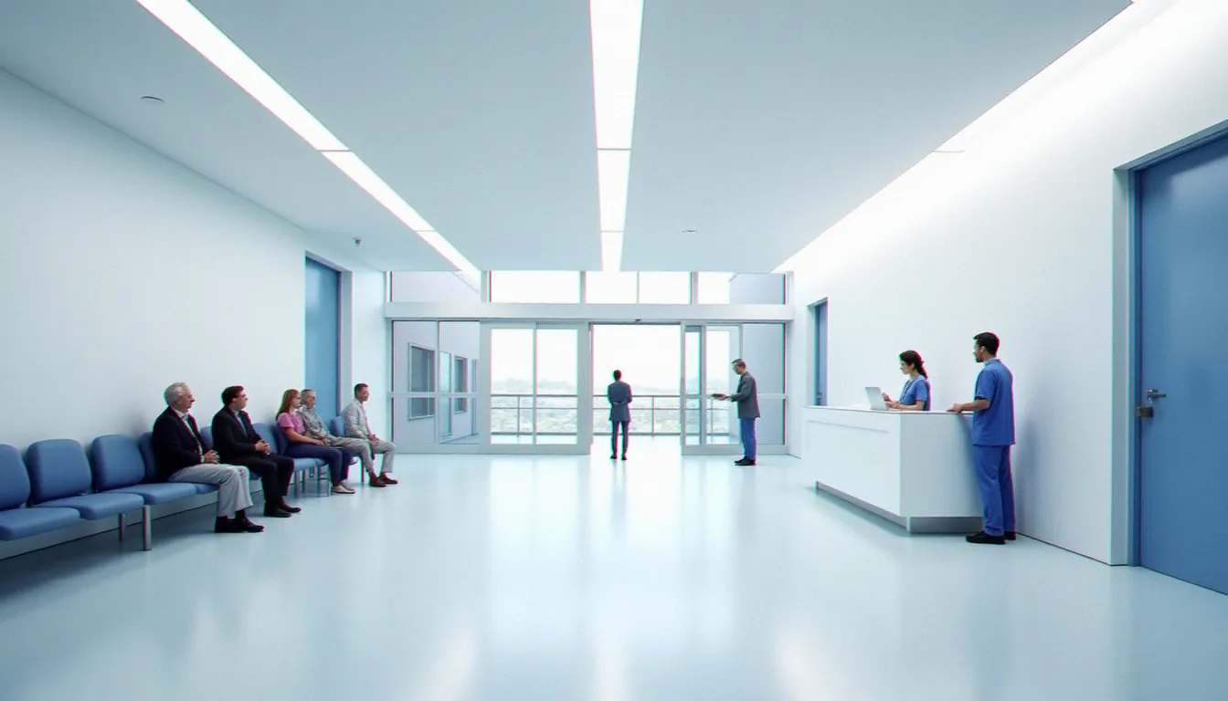Hall d'accueil moderne du service d'urologie d'un grand hôpital parisien avec personnel médical et patients en salle d'attente