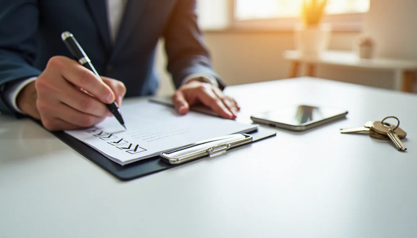 Grille d'évaluation NML guide services avec cases validées, stylo et clés de maison posés sur une table blanche