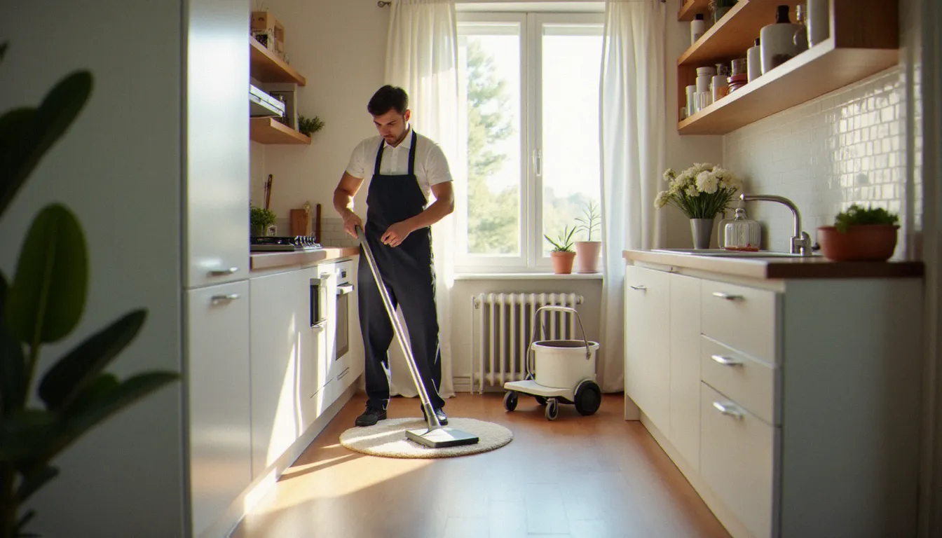 Intervenant en services ménagers qualifié NML guide services nettoyant avec soin une cuisine moderne dans un appartement français