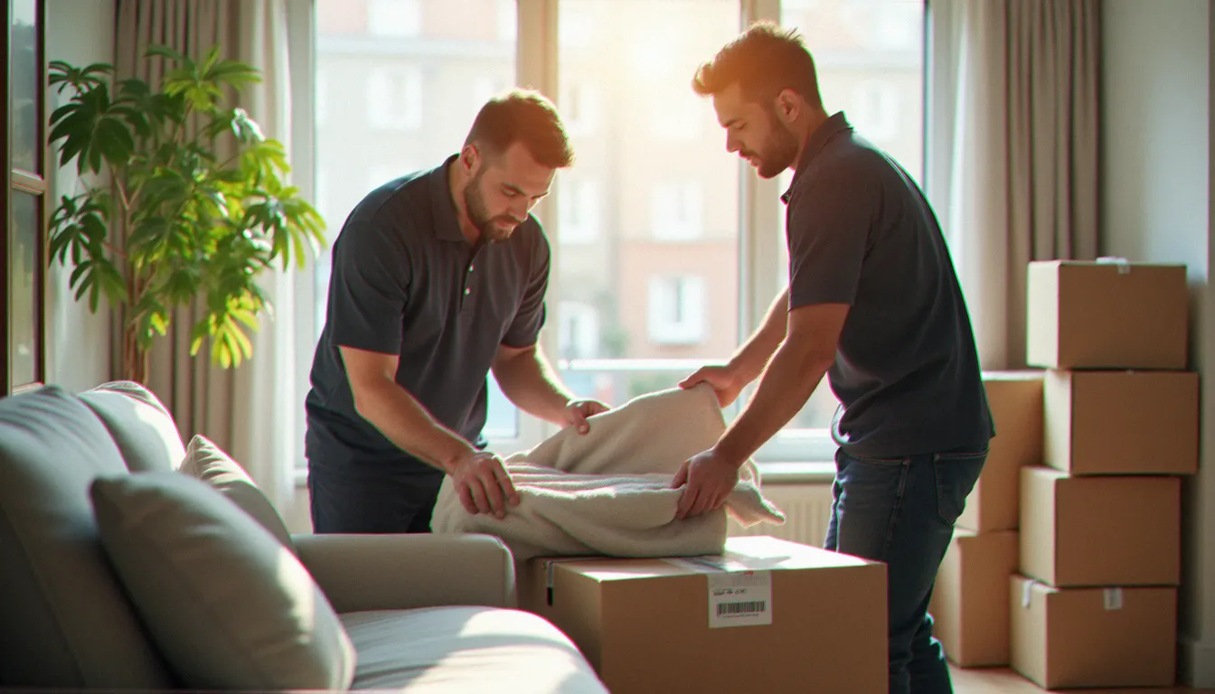 Une équipe de prestataires de service déménagement emballant soigneusement des meubles dans un appartement lumineux