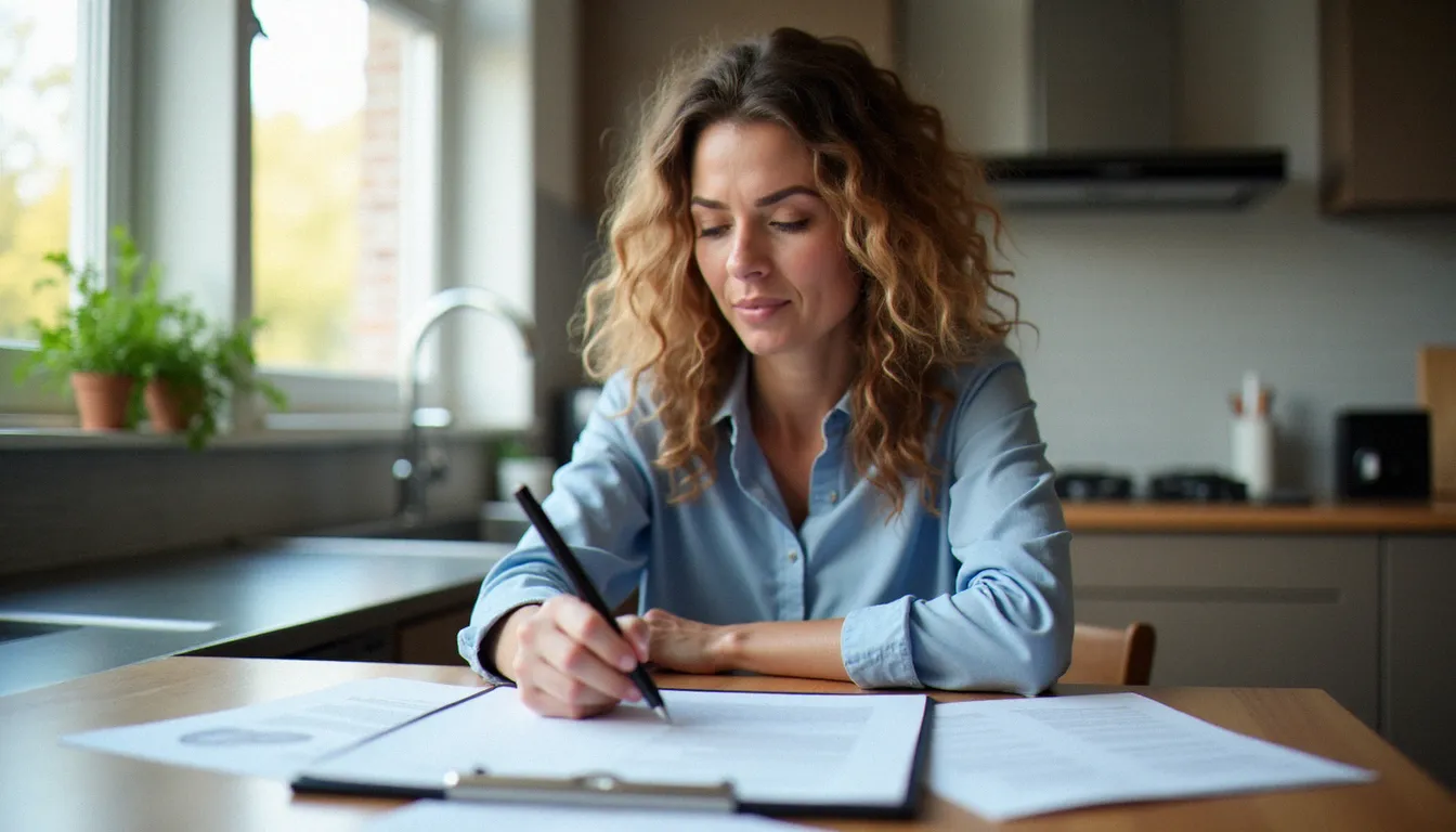 Une femme examinant attentivement un contrat de prestataire de services à domicile dans une cuisine moderne, illustrant l'étape d'évaluation avant engagement