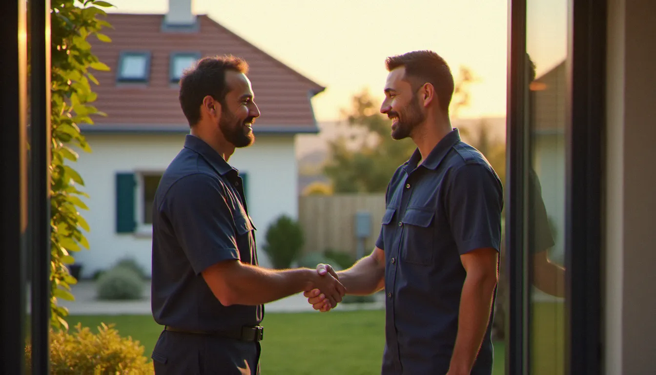 Un prestataire de services en tenue professionnelle serrant la main d'un propriétaire devant son domicile à Clermont-Ferrand, illustrant une relation de confiance avec un prestataire de services à domicile