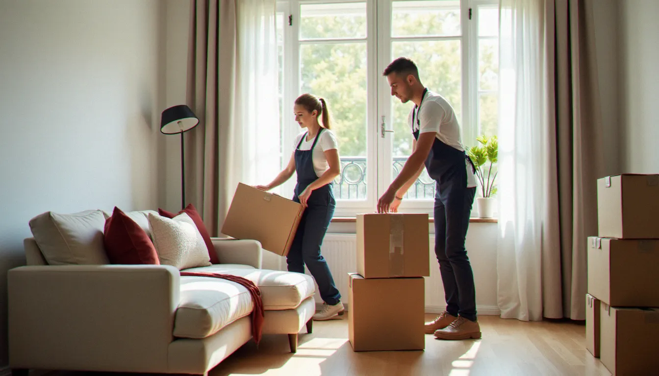 Équipe de prestataires en uniforme assurant une prestation de déménagement soignée dans un appartement moderne, illustrant la qualité de service opérationnelle