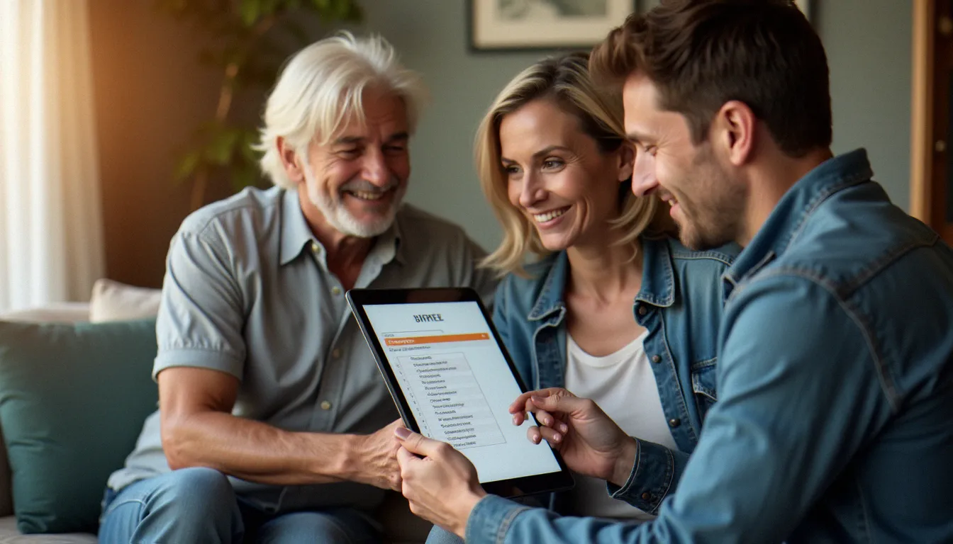 Un couple de clients validant le bilan de prestation avec leur conseiller Move Confort Services, témoignant d'une qualité de service conforme aux engagements