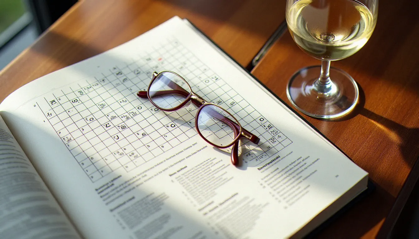 Grille de mots fléchés posée sur une table en bois à côté d'un verre de vin blanc, illustrant le lien entre vocabulaire œnologique et mots croisés