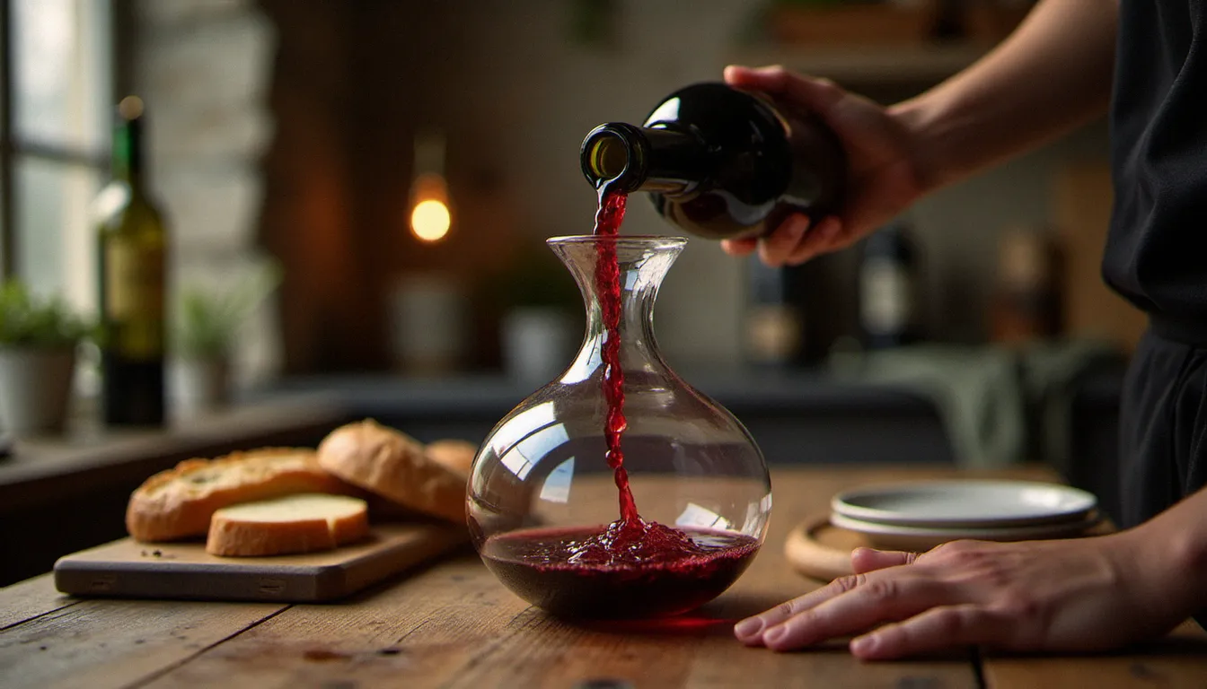 Décantage d'un vin rouge à domicile avec une bouteille inclinée à 45 degrés au-dessus d'une carafe en cristal, sur une table de cuisine française rustique