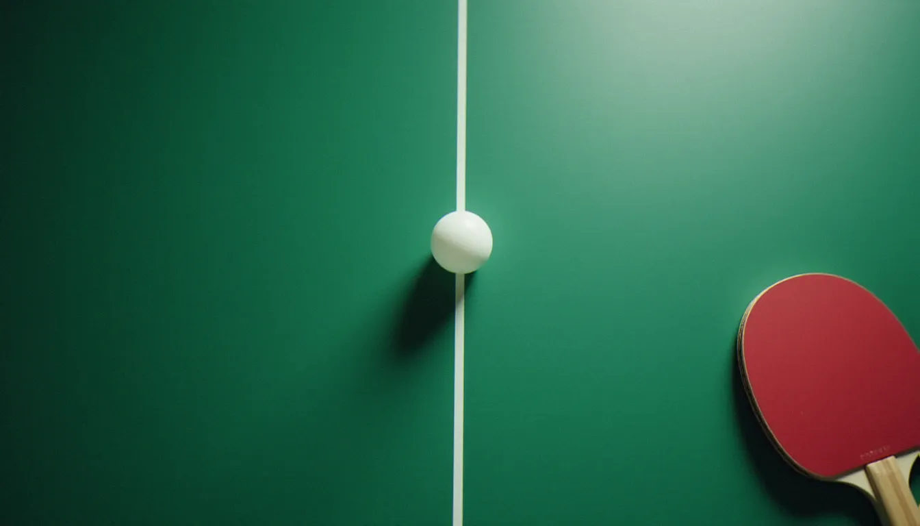 Vue de dessus d'une table de ping-pong verte avec une balle en trajectoire courbée illustrant les différents effets au tennis de table