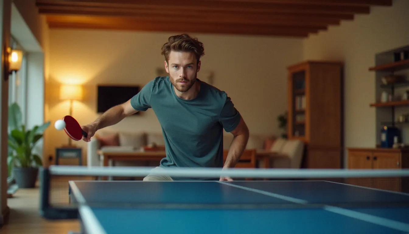 Joueur pratiquant seul son service avec effet tennis de table dans un espace loisirs aménagé à domicile