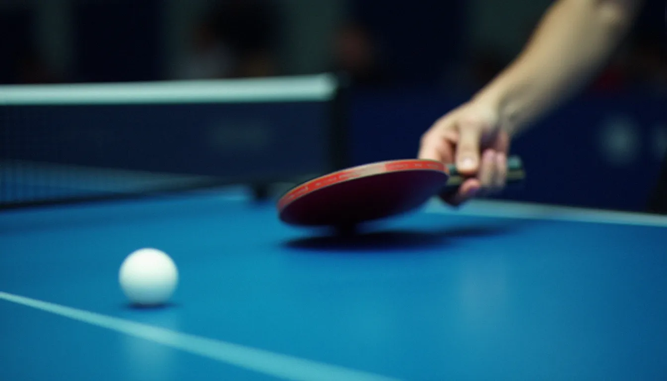 Joueur de tennis de table effectuant un service avec effet sur une table bleue de compétition, raquette en mouvement et balle en rotation visible
