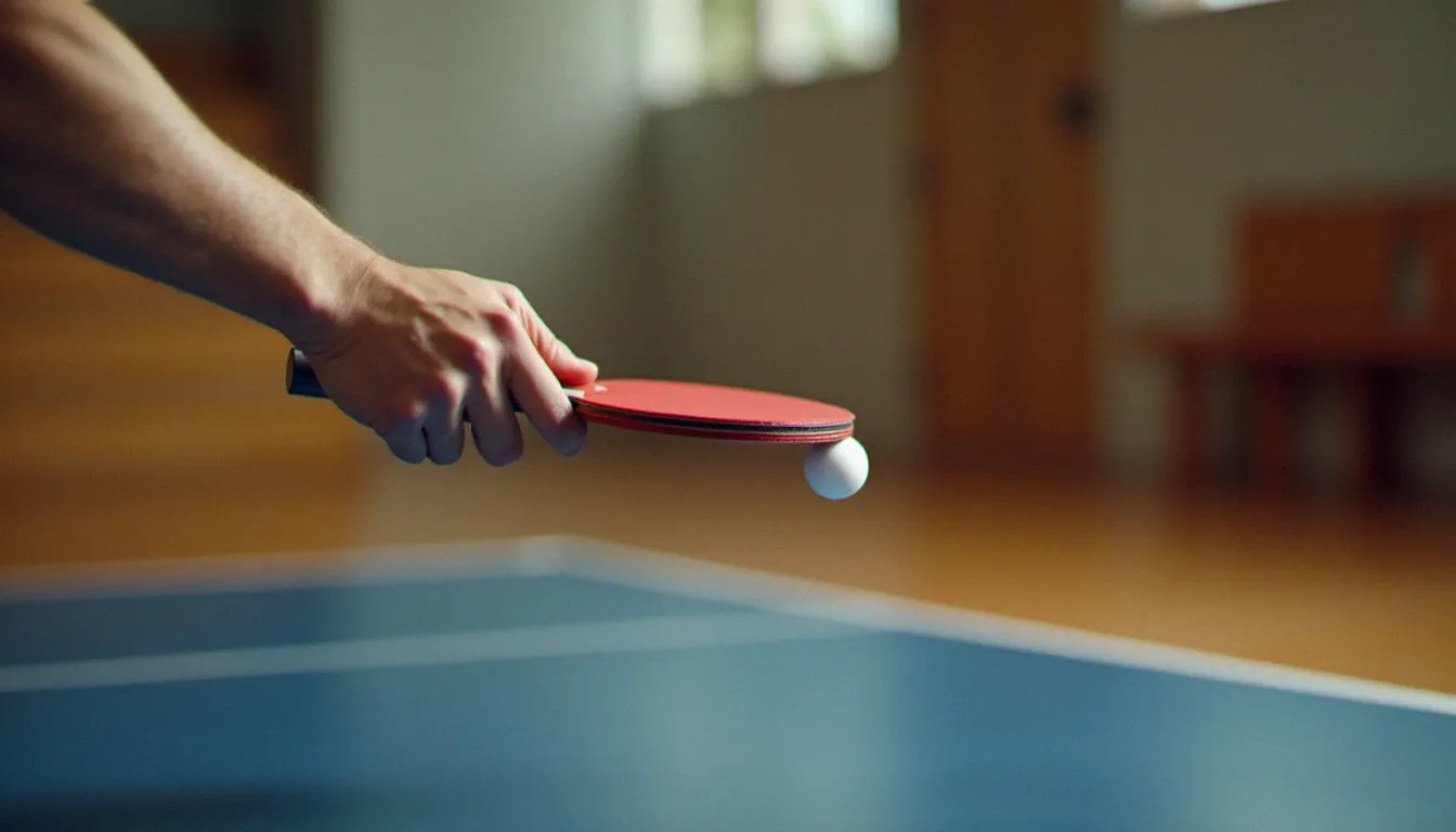 Gros plan sur le mouvement de poignet et d'avant-bras d'un joueur effectuant un service avec effet latéral au tennis de table, focus sur le contact raquette-balle