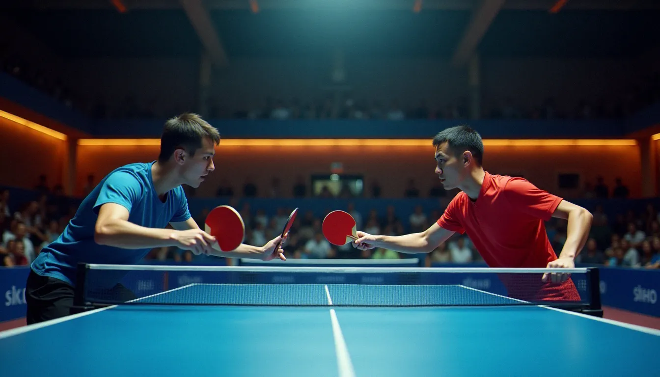 Deux joueurs de tennis de table en situation de match, l'un effectuant un service effet latéral tandis que son adversaire adopte une posture défensive concentrée pour anticiper le retour
