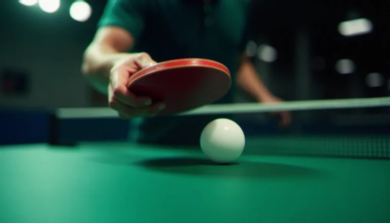 Joueur de tennis de table réalisant un service effet latéral, raquette rouge en mouvement de balayage horizontal au contact de la balle blanche