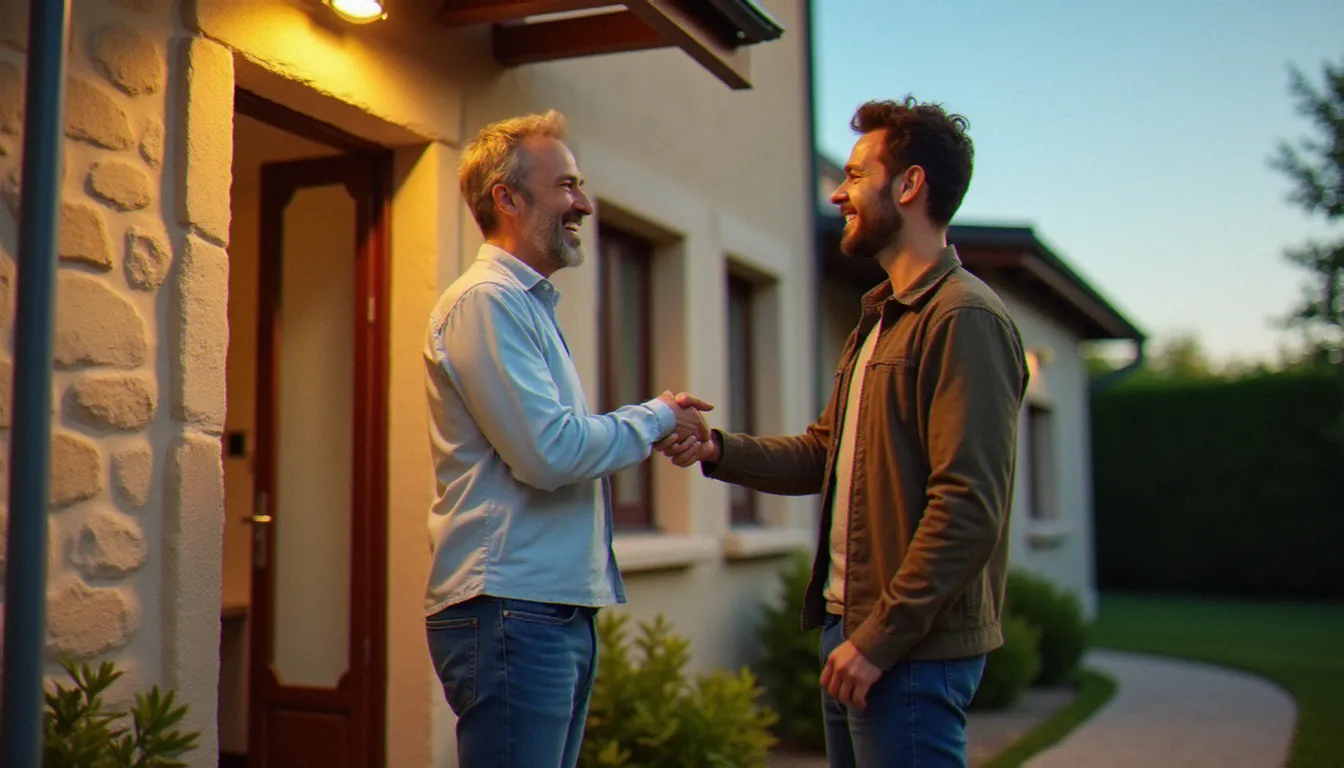 Un propriétaire satisfait serrant la main d'un conseiller habitat de Move Confort Services devant sa maison, après une résolution réussie sans service effet ping pong