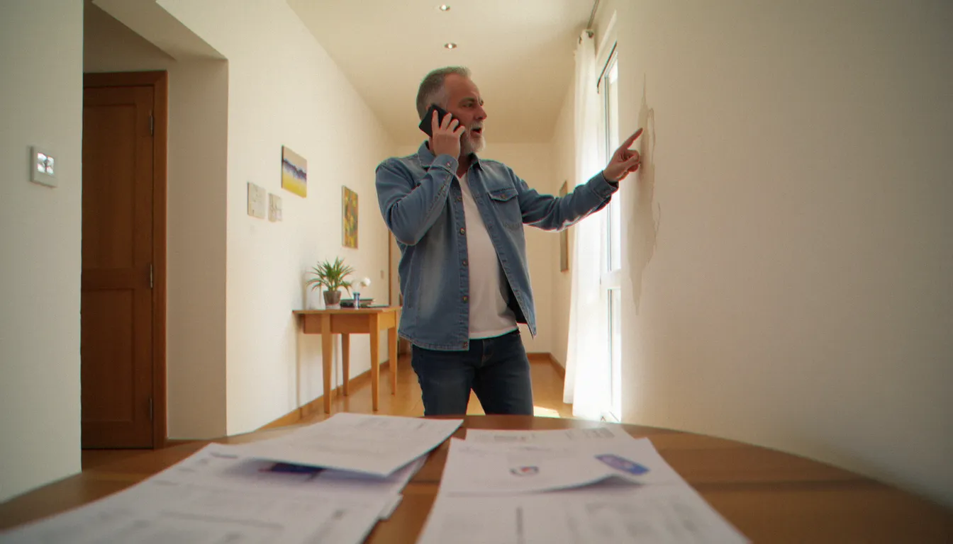 Un homme frustré téléphonant devant une tache d'humidité sur son mur, illustrant le service effet ping pong entre prestataires à domicile