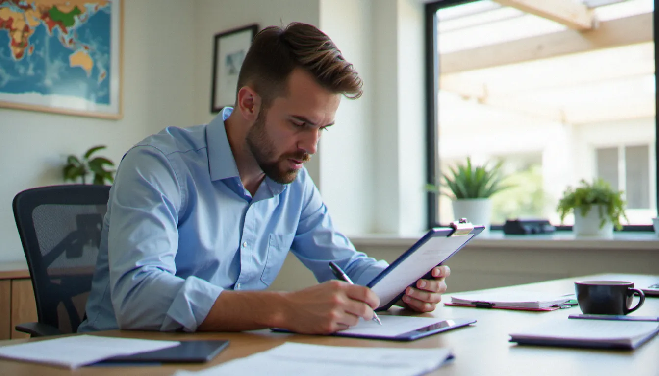 Conseiller de service à domicile analysant une checklist structurée représentant la méthode ACE en trois étapes, dans un bureau moderne et lumineux