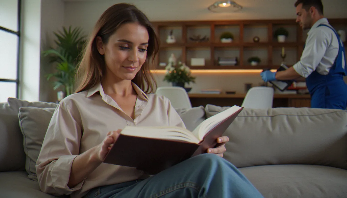 Cliente sereine lisant dans son salon bien organisé pendant qu'un prestataire de service efficace travaille en arrière-plan, illustrant la tranquillité d'esprit générée par un service ACE à domicile