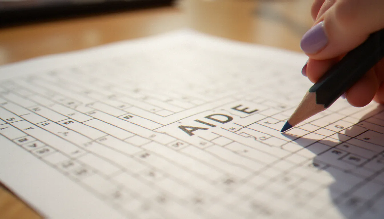 Grille de mots fléchés posée sur une table en bois avec le mot AIDE inscrit, représentant la solution à la définition service efficace