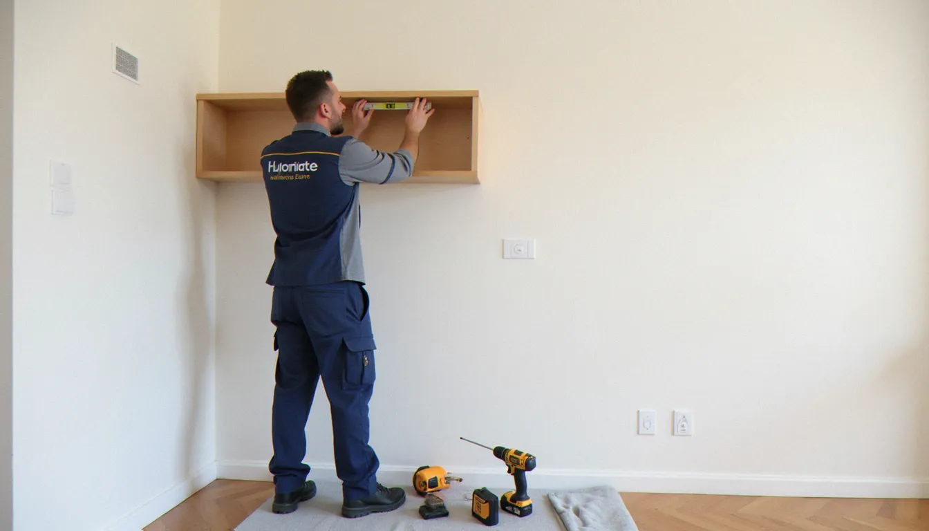 Technicien de service à domicile installant une étagère avec précision dans un appartement français, démontrant les critères d'un service efficace et professionnel