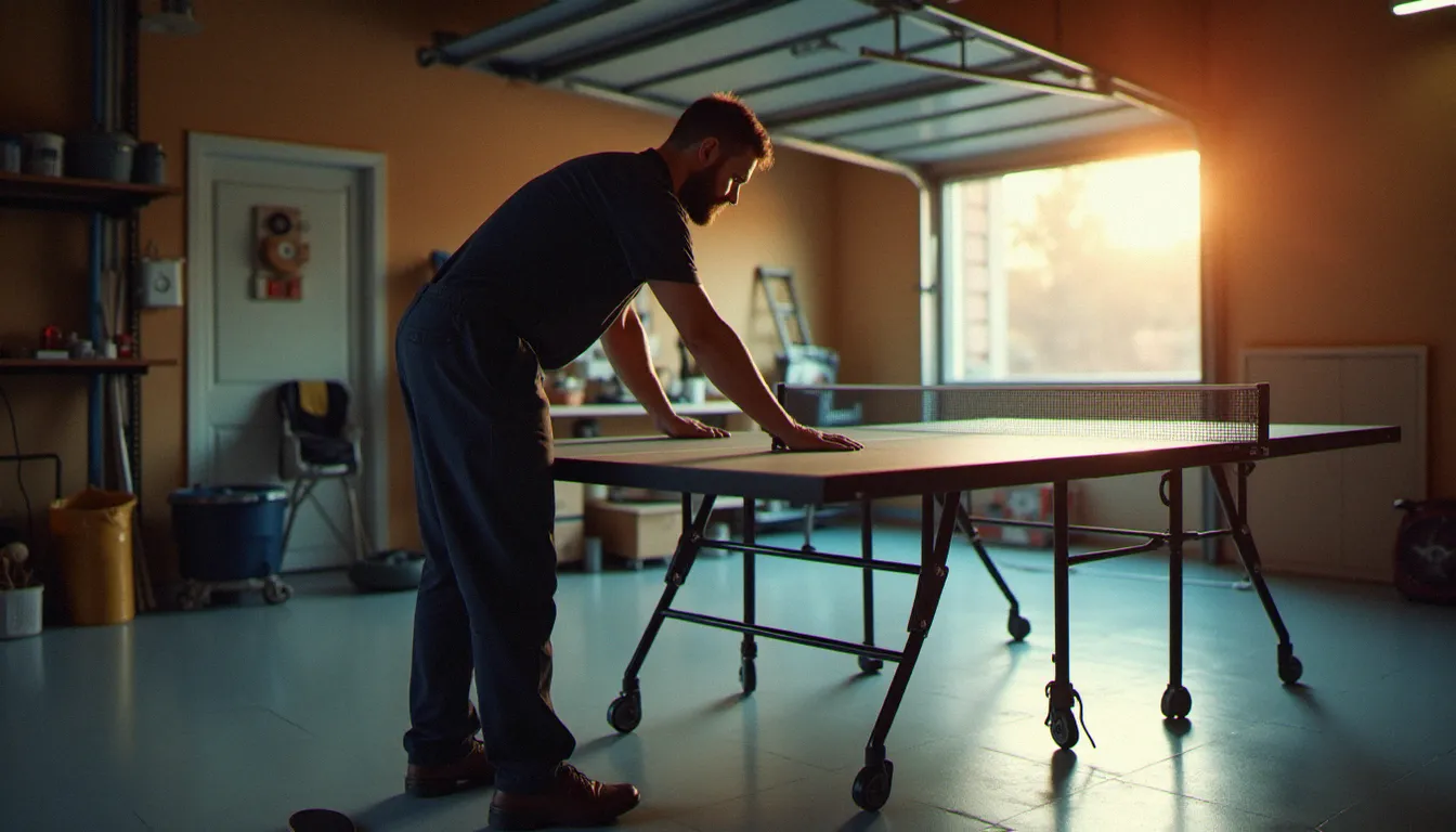 Technicien professionnel installant une table de ping pong pliable dans un espace résidentiel aménagé dans le cadre d'un service à domicile