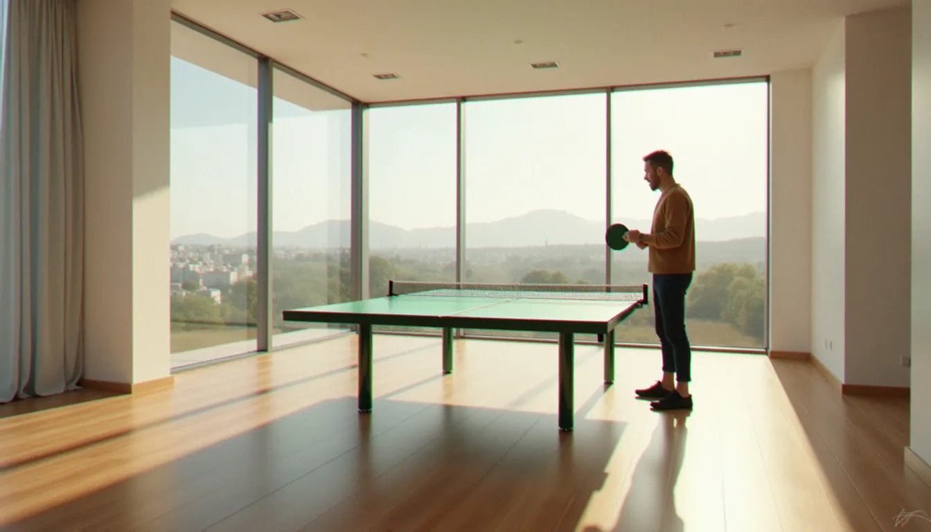 Service efficace ping pong installé dans un salon moderne lumineux par Nicolas Chevalier, conseiller habitat à Clermont-Ferrand