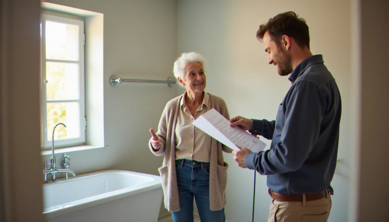 Conseiller habitat discutant avec une propriétaire des travaux d'adaptation de salle de bain financés par des aides du service france public