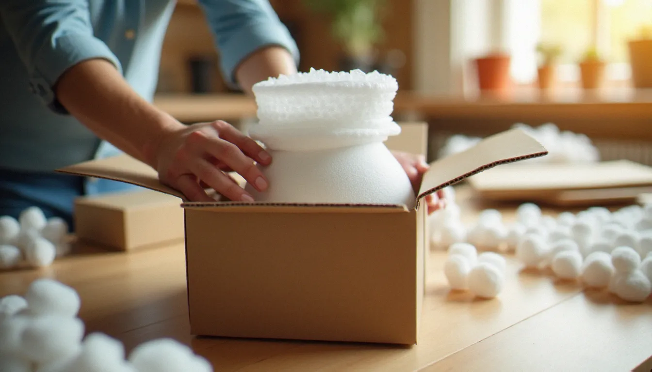 Mains préparant soigneusement un emballage protecteur pour un envoi fragile, illustrant les bonnes pratiques d'emballage recommandées dans le service guide FedEx 2025