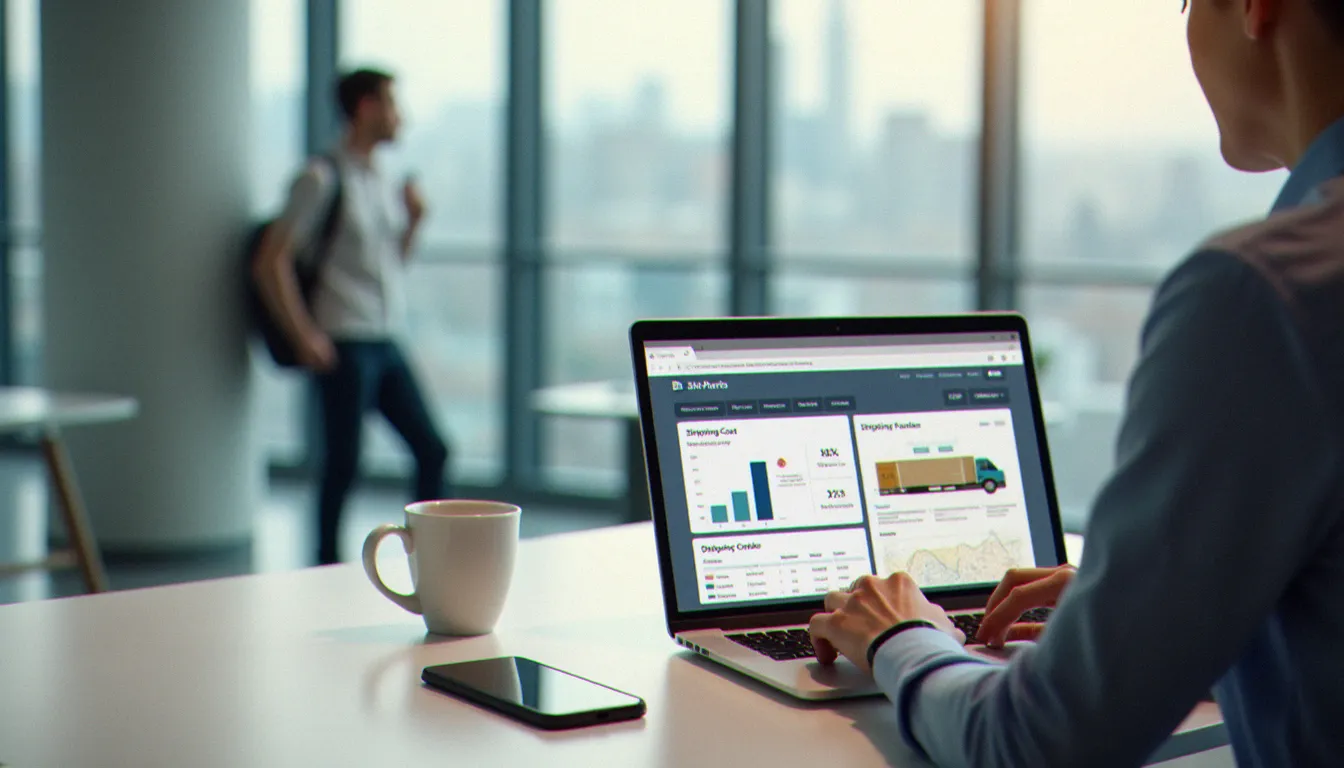 Professionnel en bureau analysant des données de performance logistique sur ordinateur portable, illustrant l'optimisation des expéditions et le suivi des coûts avec les outils digitaux FedEx en 2025