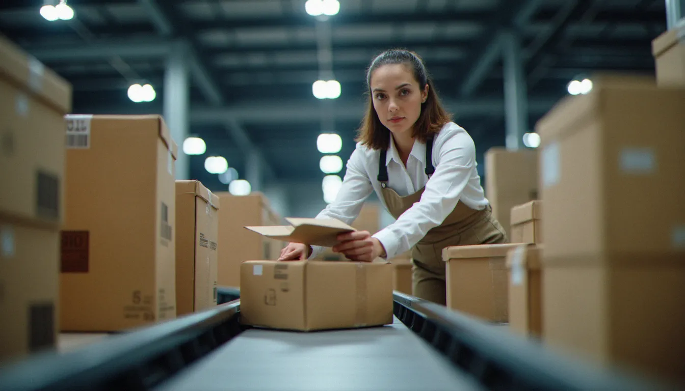 Agent logistique triant des colis express sur un tapis roulant dans un entrepôt moderne, illustrant le service guide FedEx 2025