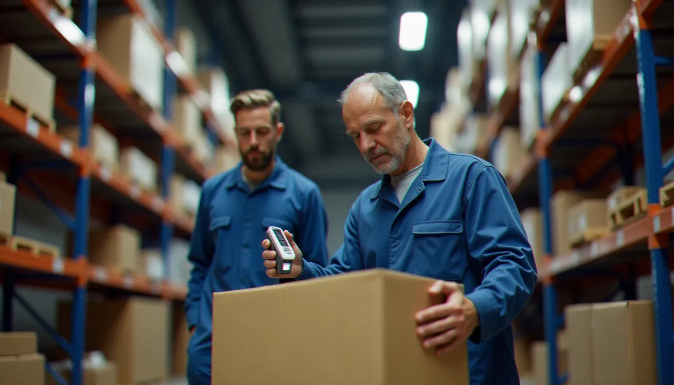 Agent logistique en entrepôt de distribution scannant un colis d'expédition, illustrant le processus professionnel couvert par le service guide FedEx 2025