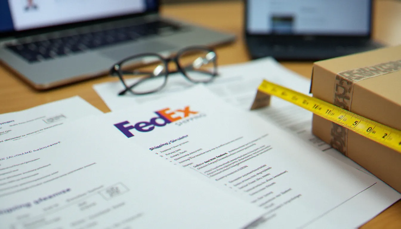 Documents d'expédition FedEx posés sur un bureau avec une boîte en carton et un ruban à mesurer, représentant les différents services FedEx 2026