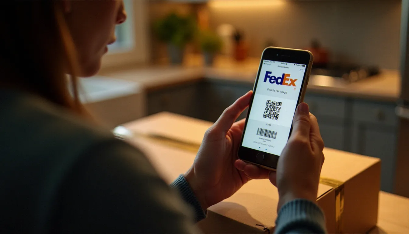 Une personne scanne le code de suivi d'un colis FedEx avec son smartphone, illustrant le suivi en temps réel du service guide FedEx 2026