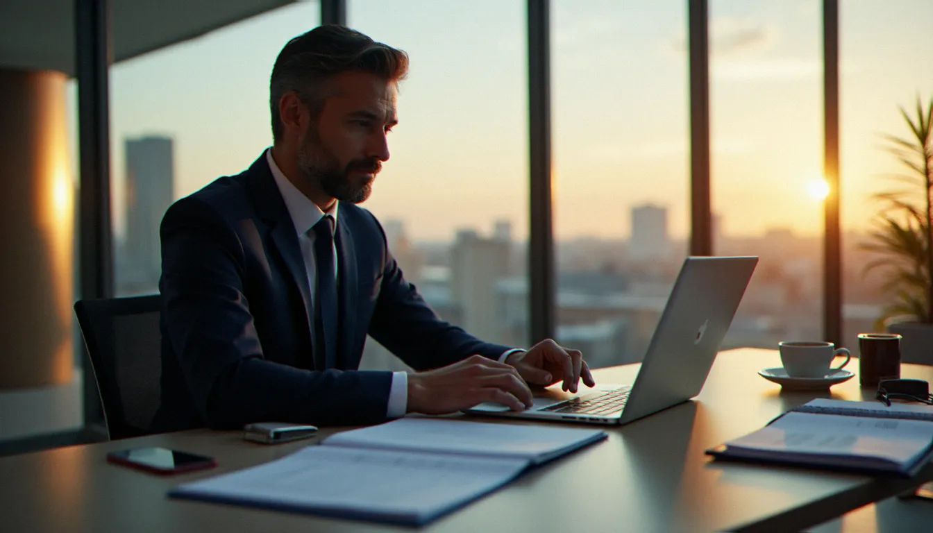 Dirigeant professionnel consultant des dossiers administratifs pour son service recette bureau Luxembourg dans un bureau moderne avec vue sur la ville