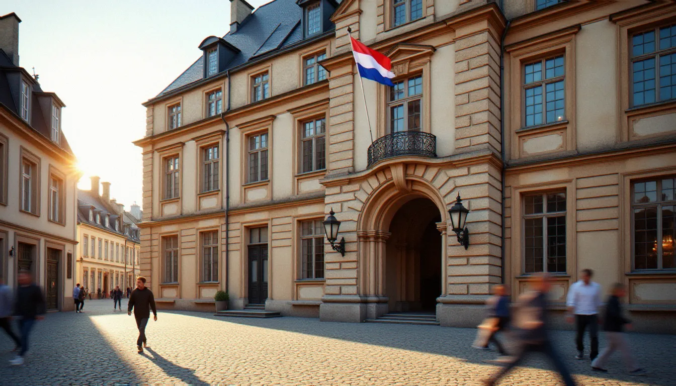 Façade d'une maison communale typique luxembourgeoise abritant le service recette communale, drapeau du Grand-Duché au vent par un après-midi ensoleillé