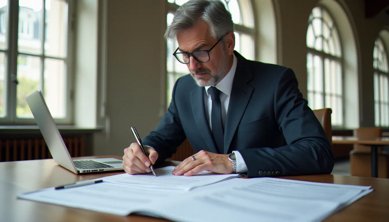 Un conseiller administratif examine des documents officiels du service recette communale Luxembourg dans un bureau municipal moderne éclairé à la lumière du jour