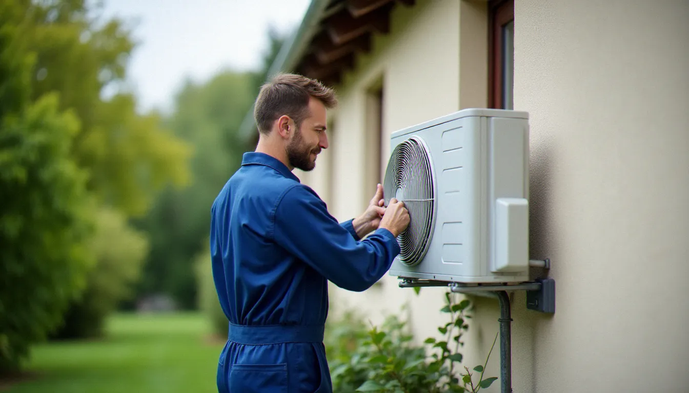Technicien qualifié effectuant la maintenance d'une pompe à chaleur résidentielle à Clermont-Ferrand, prestation accessible sans carte Attijari via plusieurs modes de règlement