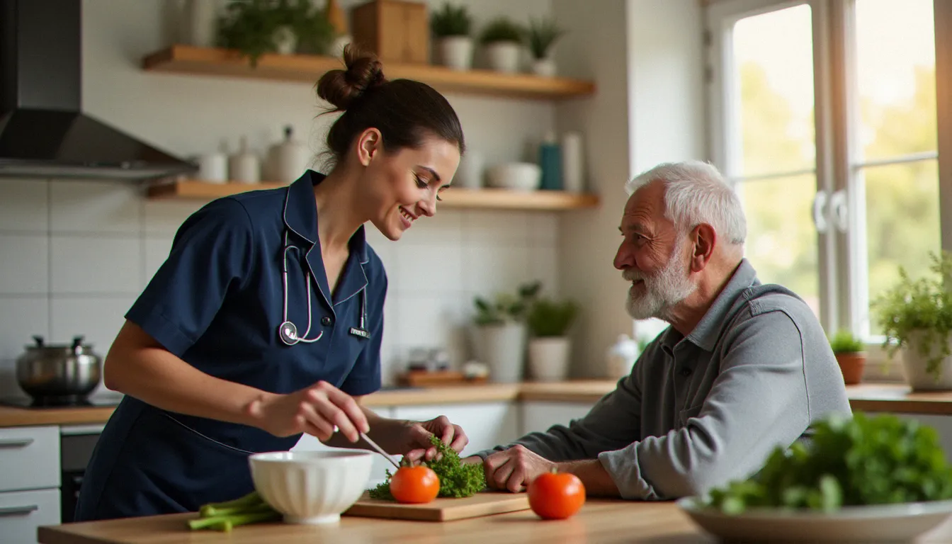 Une aide à domicile préparant un repas équilibré pour une personne âgée dans une cuisine lumineuse, représentant les prestations concrètes disponibles sans carte CIH