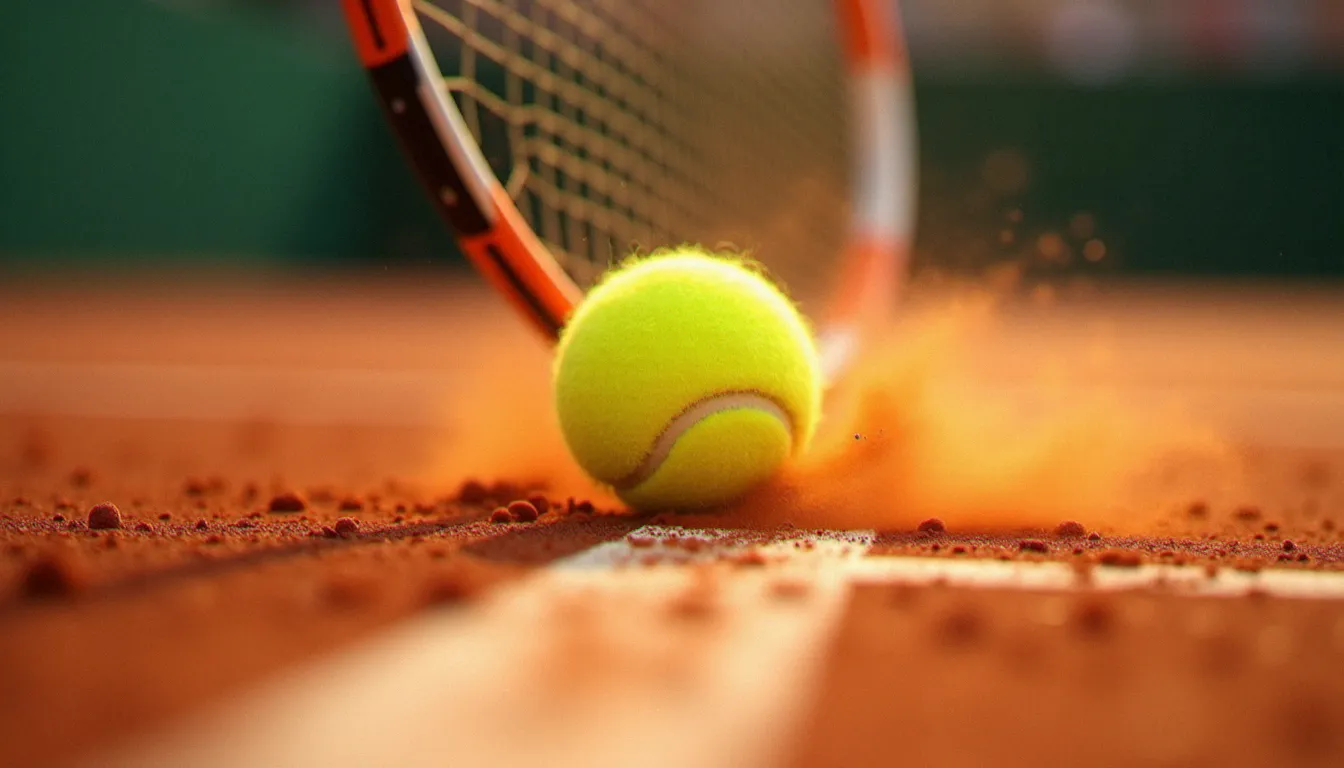 Balle de tennis atterrissant dans l'angle précis du carré de service sur terre battue, illustrant la précision d'un ace réussi