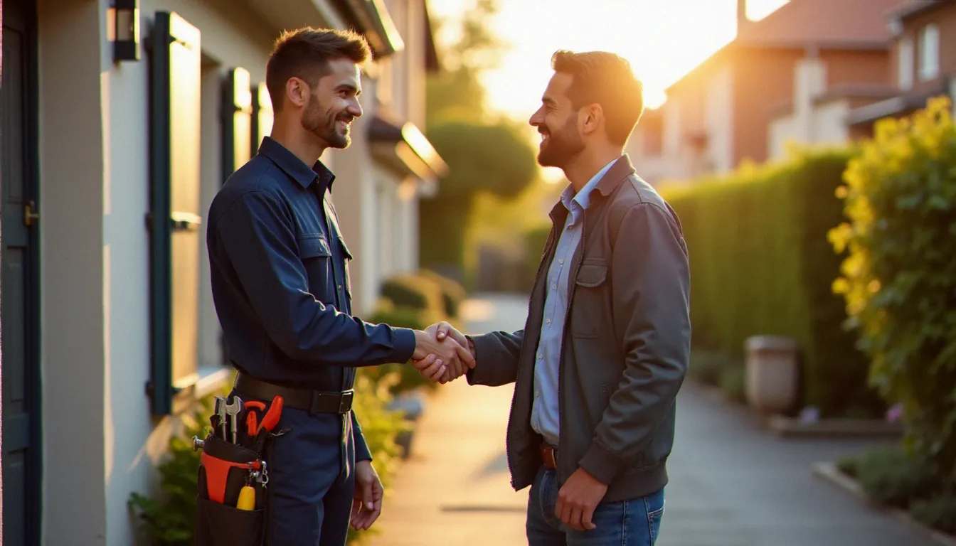 Professionnel de services à domicile serrant la main d'un client satisfait devant sa maison, illustrant l'excellence d'un service réalisé sans reprise nécessaire